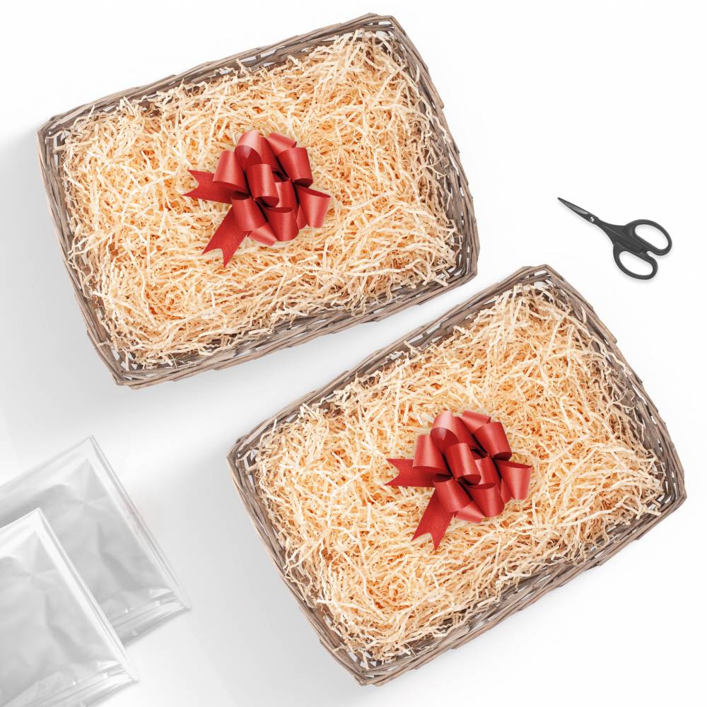 Woodluv Set of 2 Wicker Gift Baskets - Grey Finish with Red Ribbon