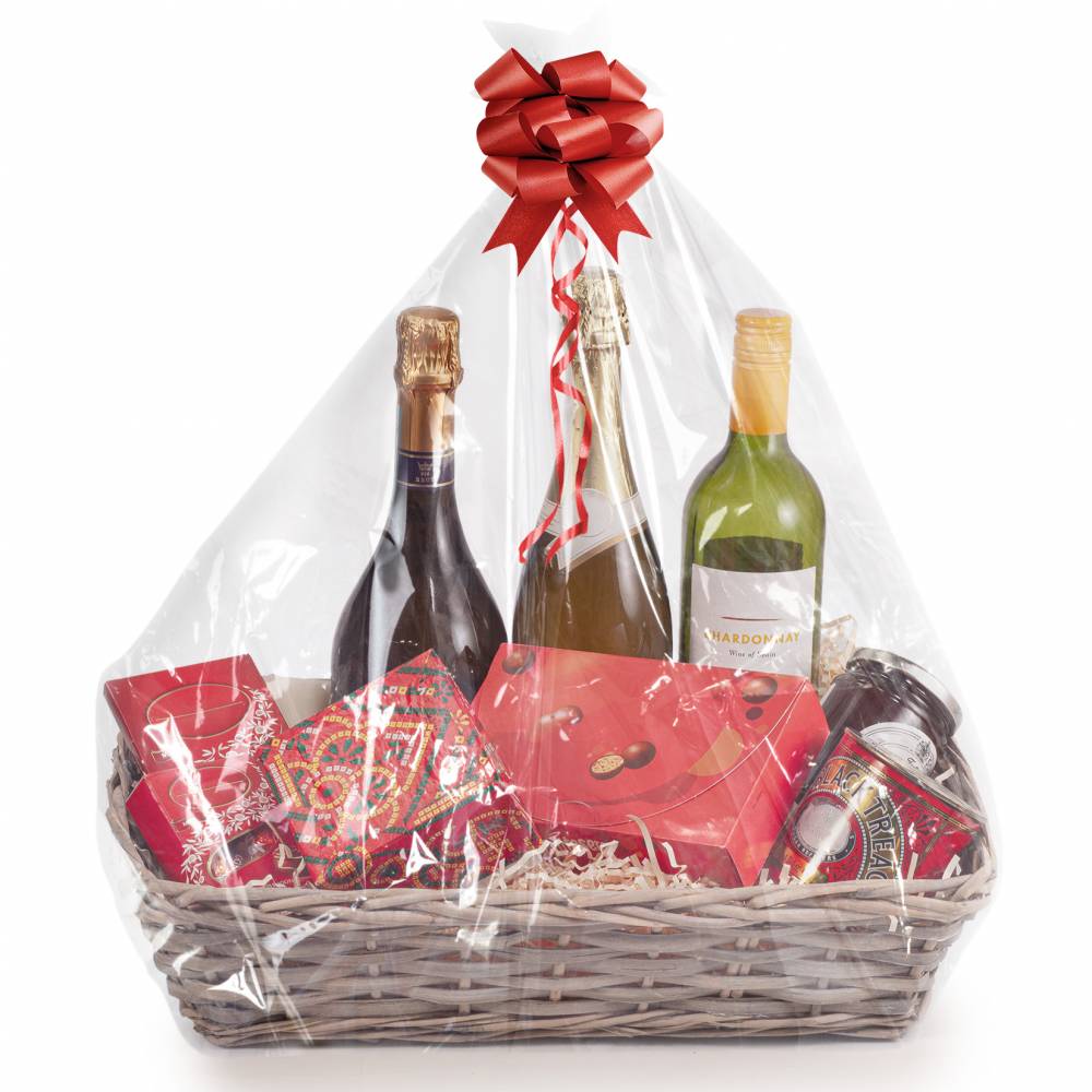 Woodluv Set of 2 Wicker Gift Baskets - Grey Finish with Red Ribbon