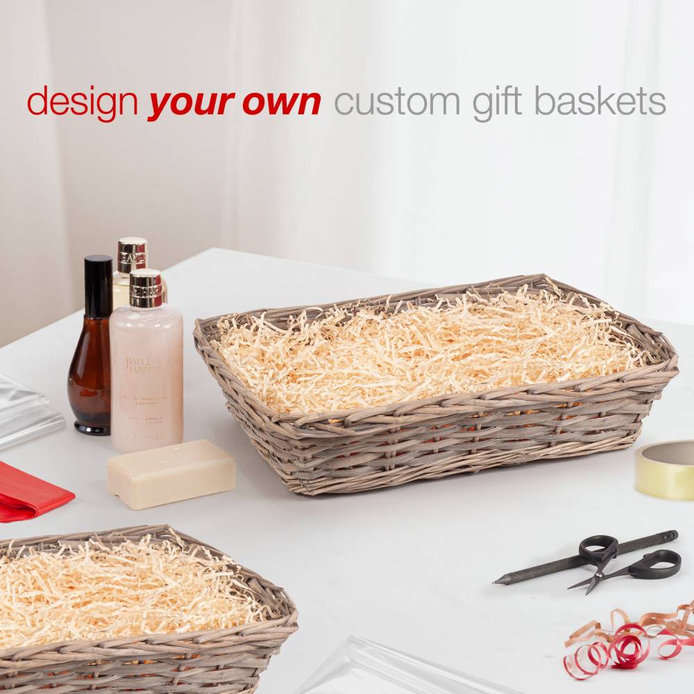 Woodluv Set of 2 Wicker Gift Baskets - Grey Finish with Red Ribbon