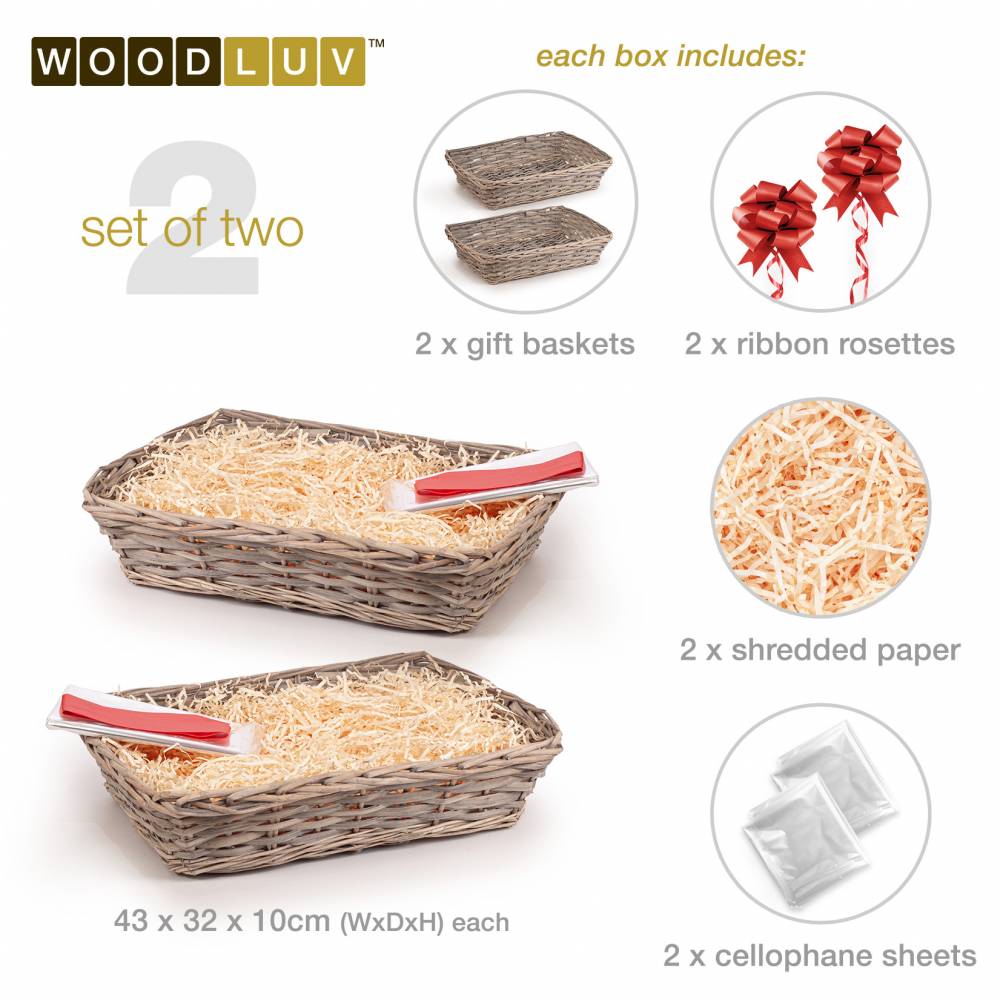 Woodluv Set of 2 Wicker Gift Baskets - Grey Finish with Red Ribbon