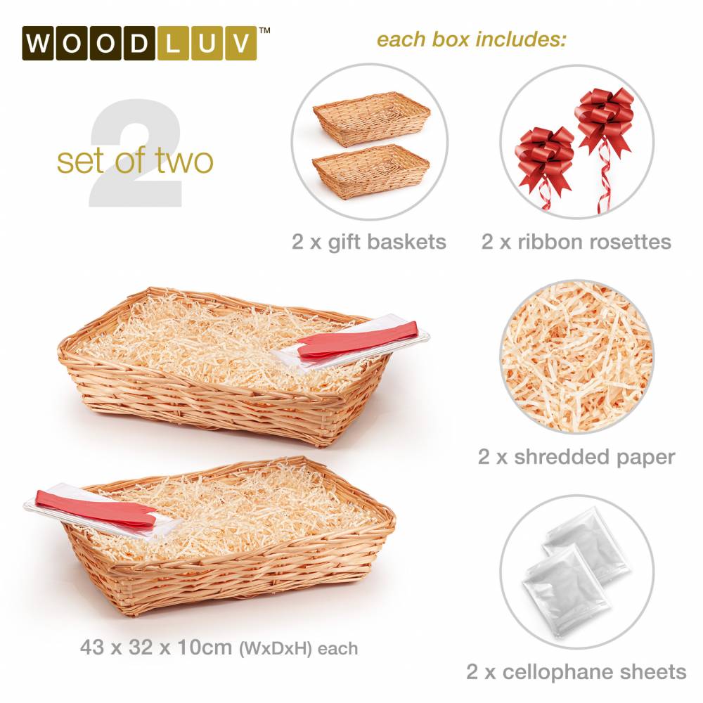 Woodluv Set of 2 Wicker Gift Baskets - Honey Finish with Red Ribbon