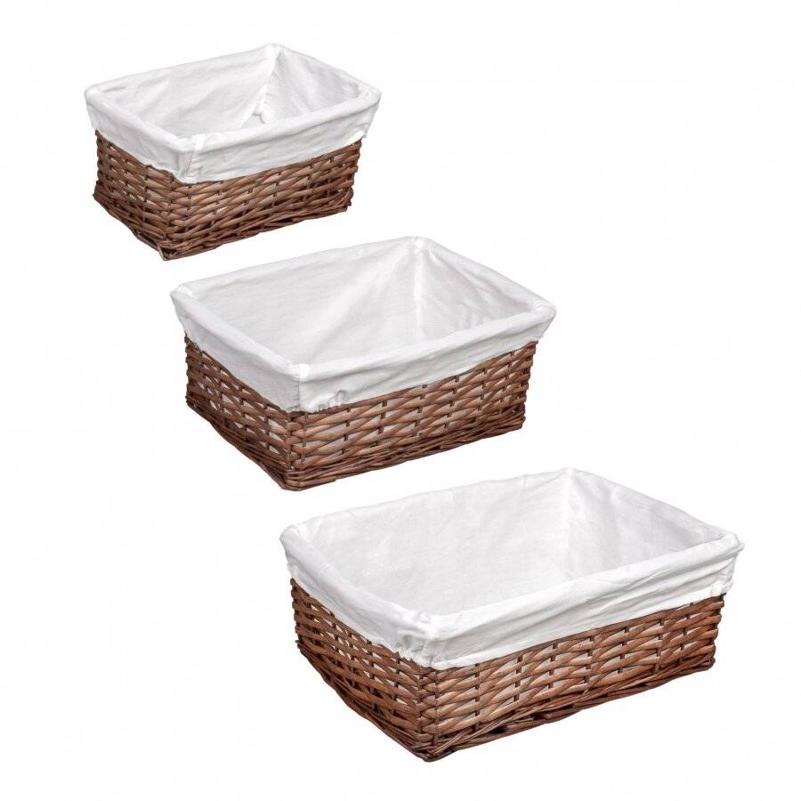 Woodluv Set of 3 Dark Brown Wicker Storage Basket With Lining