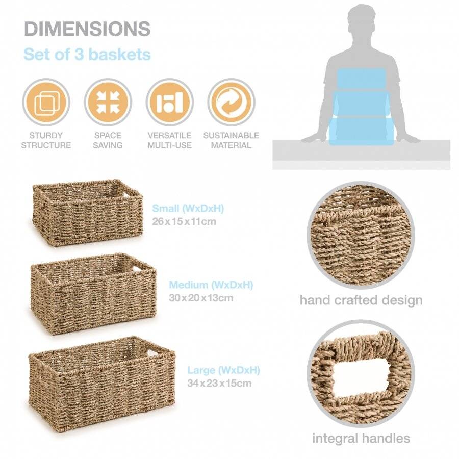Woodluv Set of 3 Decorative Handwoven Seagrass Storage Basket