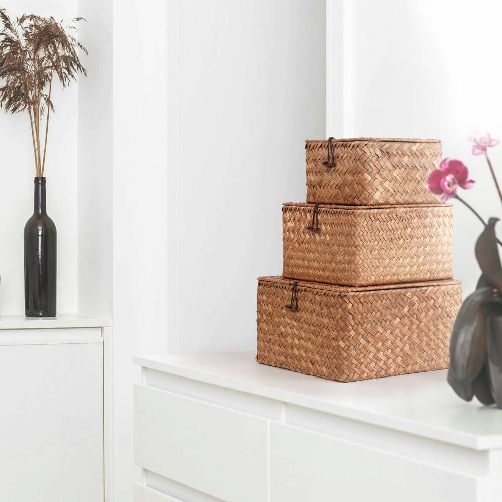 Woodluv Set of 3 Handwoven Lidded Seagrass Storage Basket, Brown