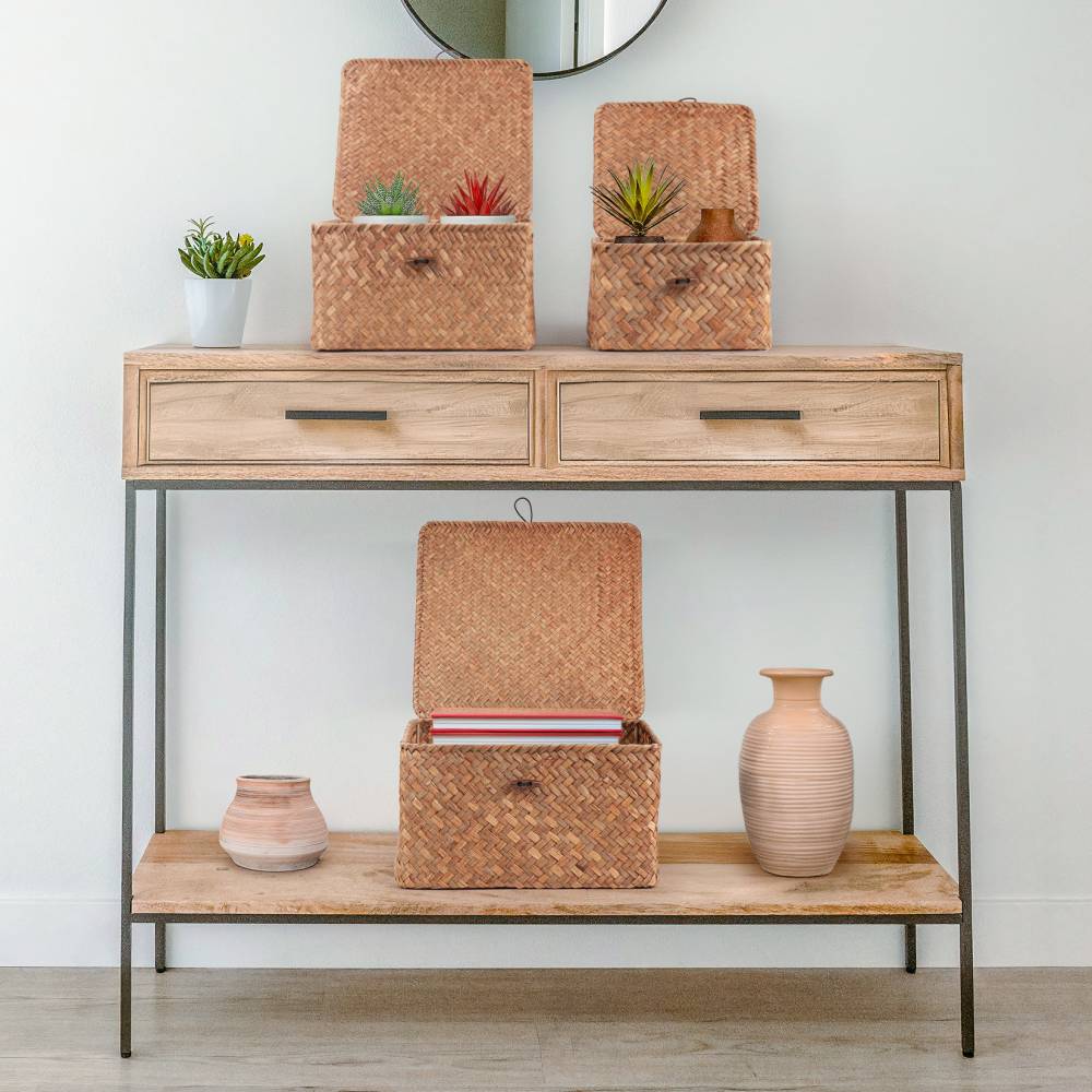 Woodluv Set of 3 Handwoven Lidded Seagrass Storage Basket, Brown