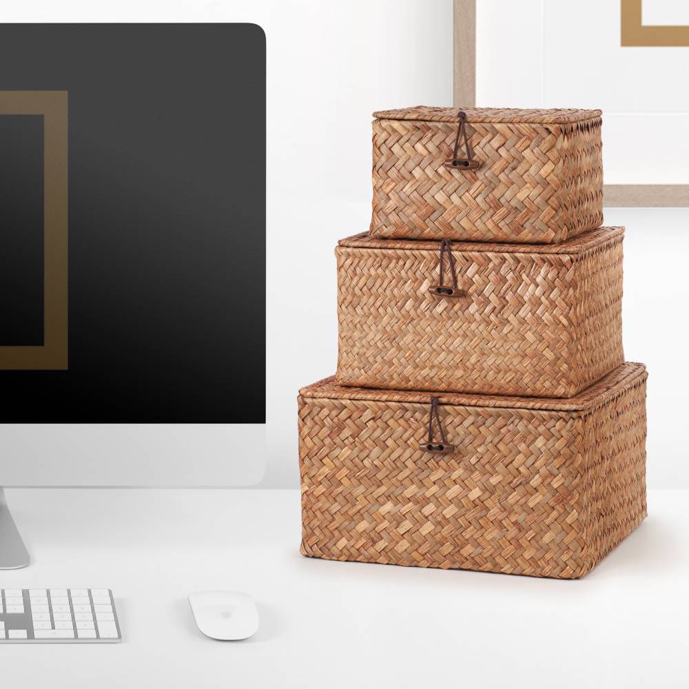 Woodluv Set of 3 Handwoven Lidded Seagrass Storage Basket, Brown