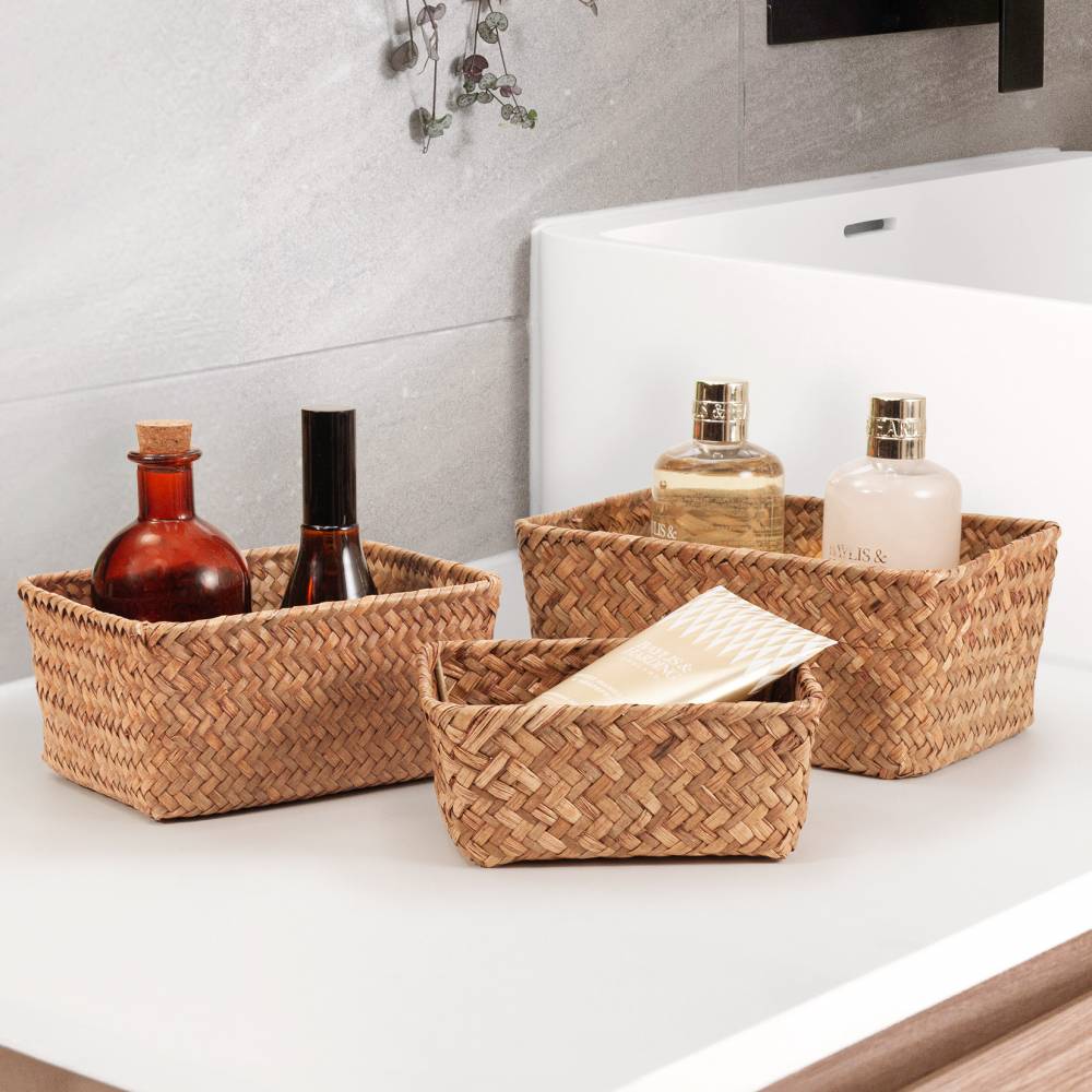 Woodluv Set of 3 Handwoven Seagrass Storage Basket for Shelves, Brown