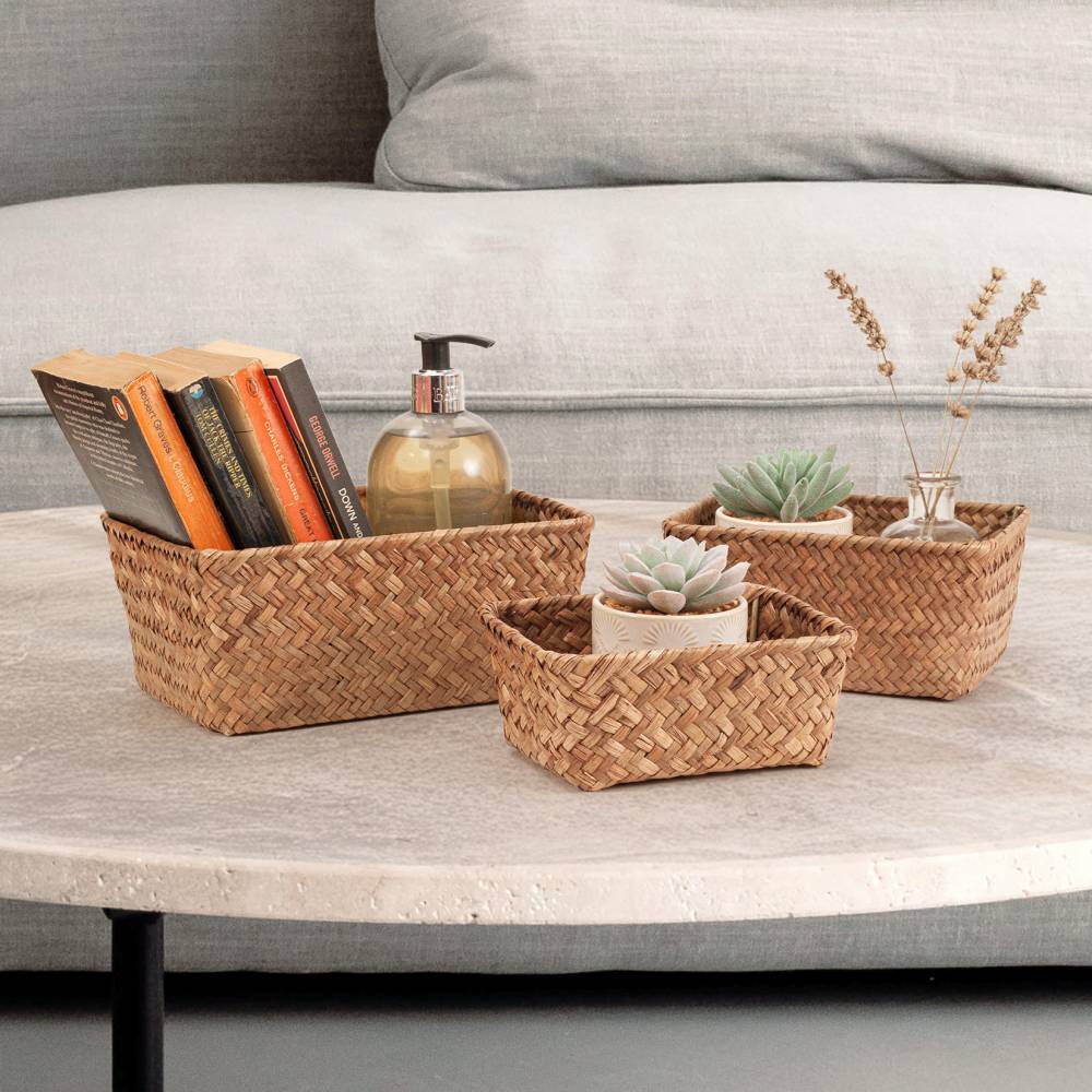 Woodluv Set of 3 Handwoven Seagrass Storage Basket for Shelves, Brown