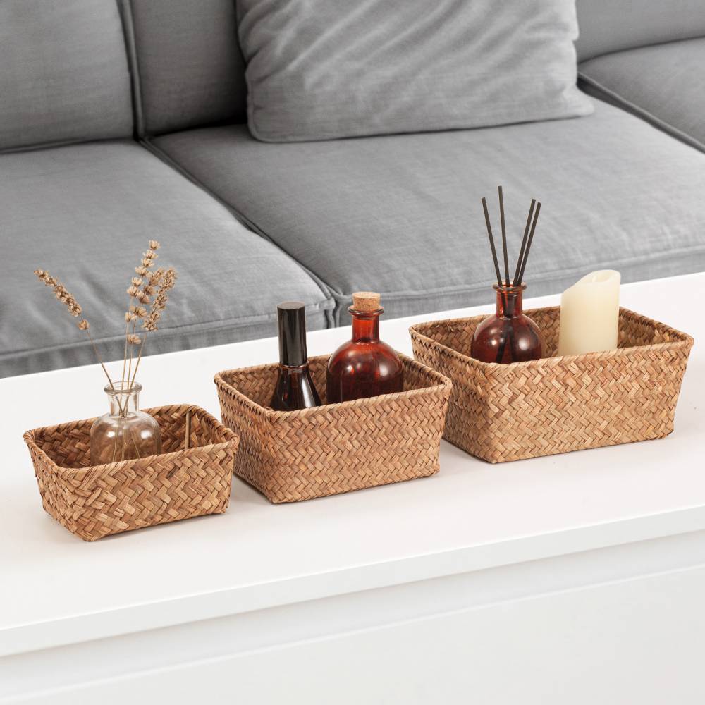Woodluv Set of 3 Handwoven Seagrass Storage Basket for Shelves, Brown