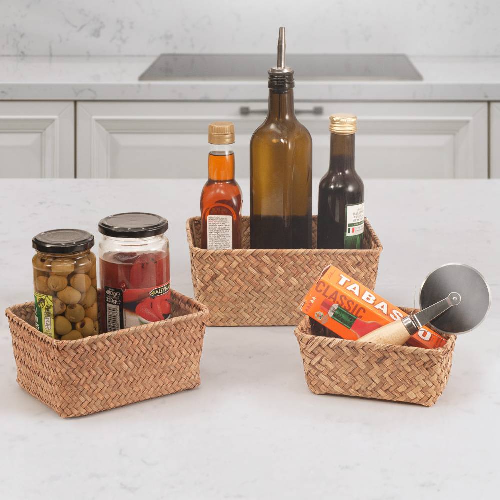 Woodluv Set of 3 Handwoven Seagrass Storage Basket for Shelves, Brown