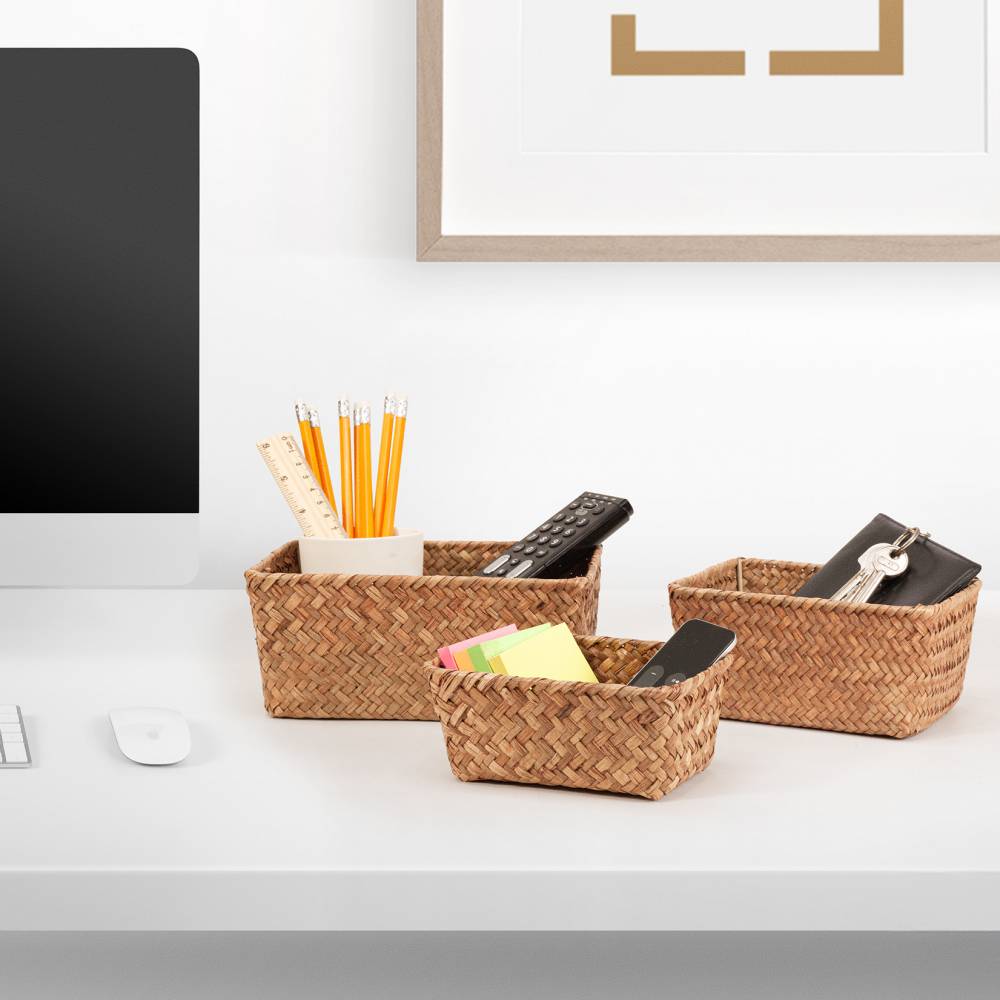 Woodluv Set of 3 Handwoven Seagrass Storage Basket for Shelves, Brown