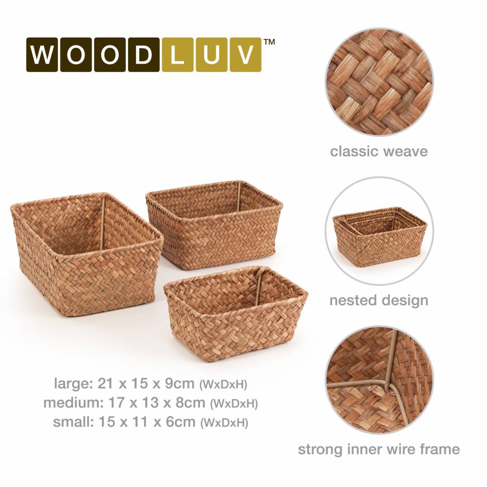 Woodluv Set of 3 Handwoven Seagrass Storage Basket for Shelves, Brown