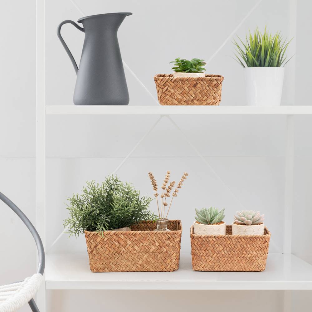 Woodluv Set of 3 Handwoven Seagrass Storage Basket for Shelves, Brown