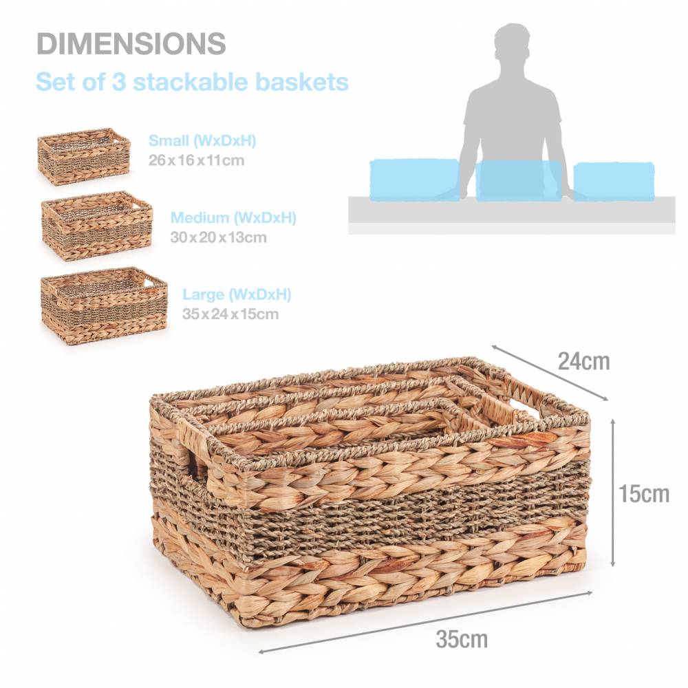 Woodluv Set of 3 Handwoven Seagrass & Water Hyacinth Storage Baskets
