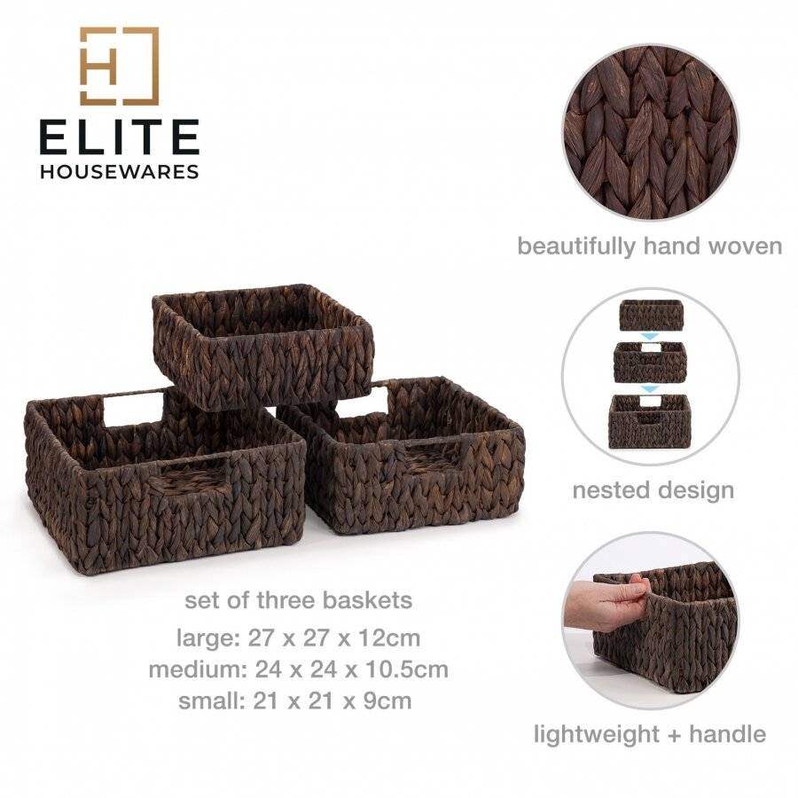Woodluv Set of 3 Handwoven Water Hyacinth Storage Baskets - Black