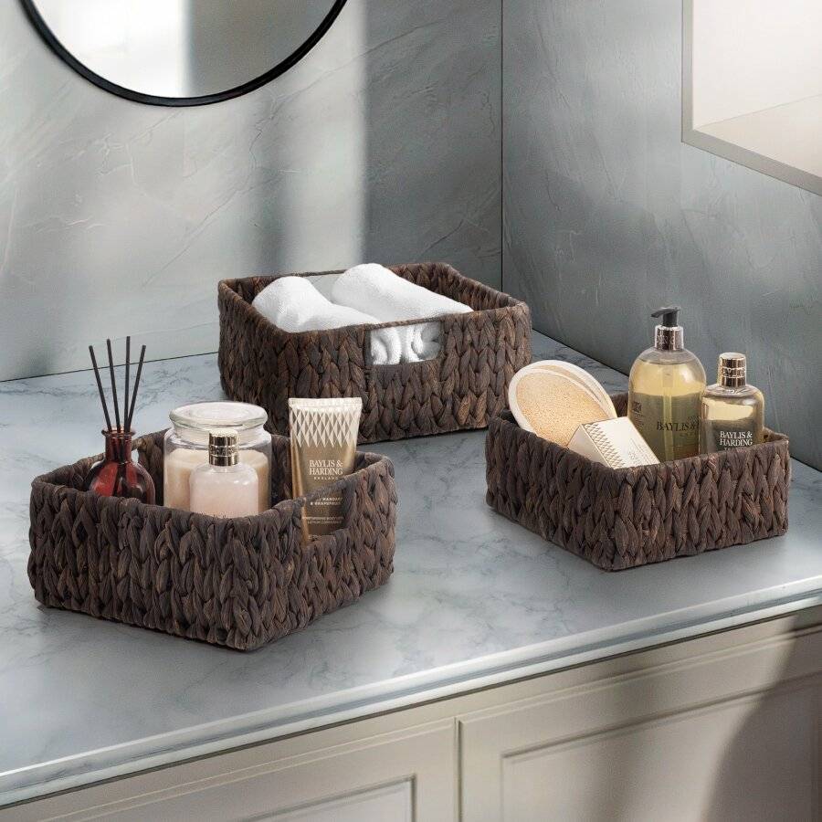 Woodluv Set of 3 Handwoven Water Hyacinth Storage Baskets - Black