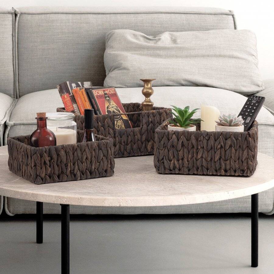 Woodluv Set of 3 Handwoven Water Hyacinth Storage Baskets - Black