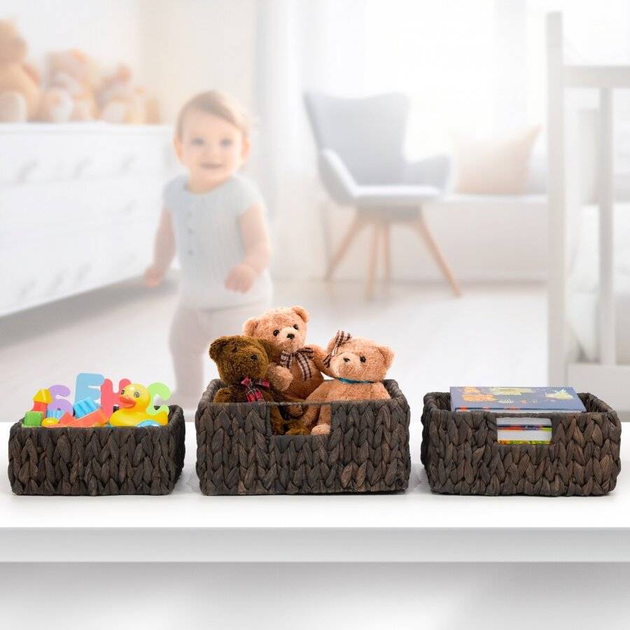 Woodluv Set of 3 Handwoven Water Hyacinth Storage Baskets - Black