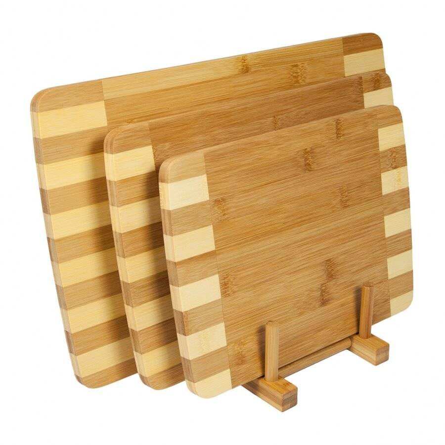 Woodluv 3 Inlaid Bamboo Wooden Chopping Boards With Storage Rack