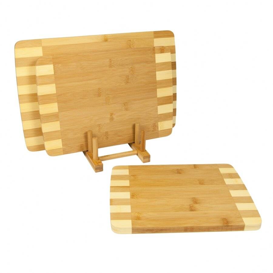 Woodluv 3 Inlaid Bamboo Wooden Chopping Boards With Storage Rack