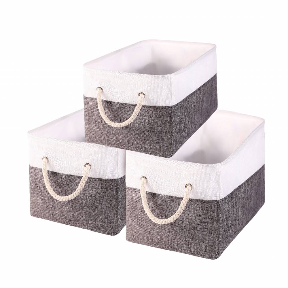 Woodluv Set of 3 Linen Storage Foldable Collapsible Baskets, Grey