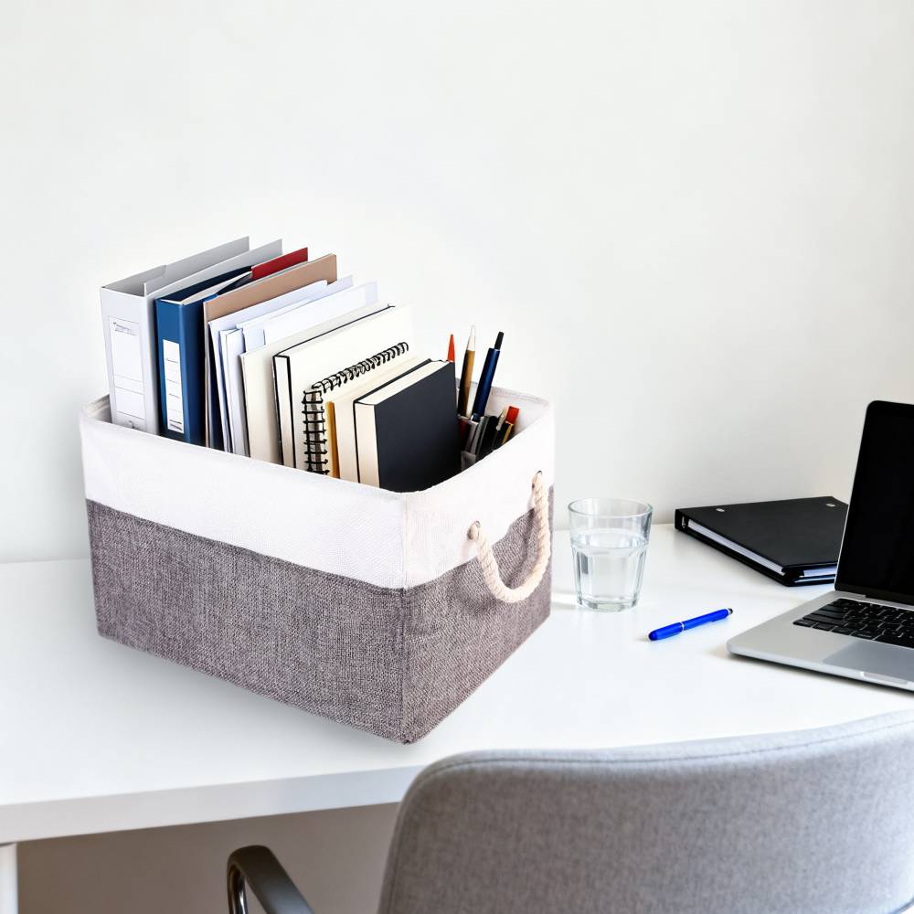 Woodluv Set of 3 Linen Storage Foldable Collapsible Baskets, Grey