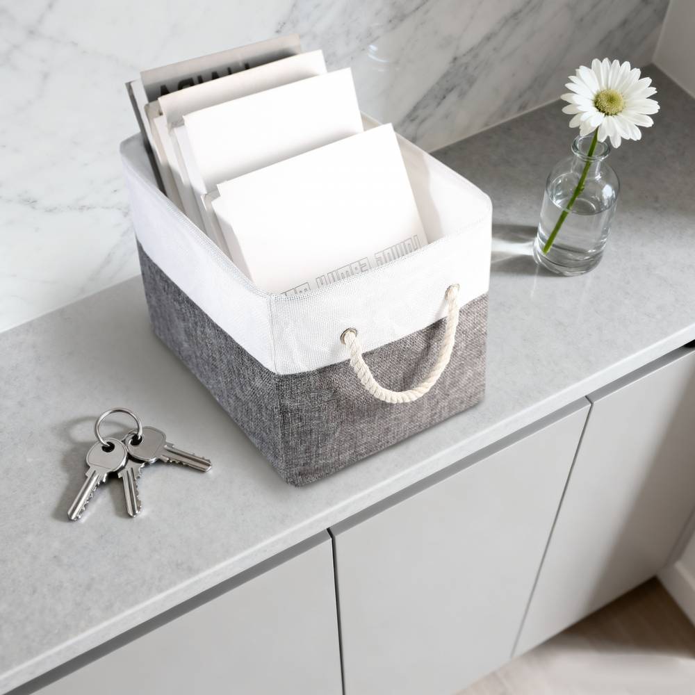 Woodluv Set of 3 Linen Storage Foldable Collapsible Baskets, Grey