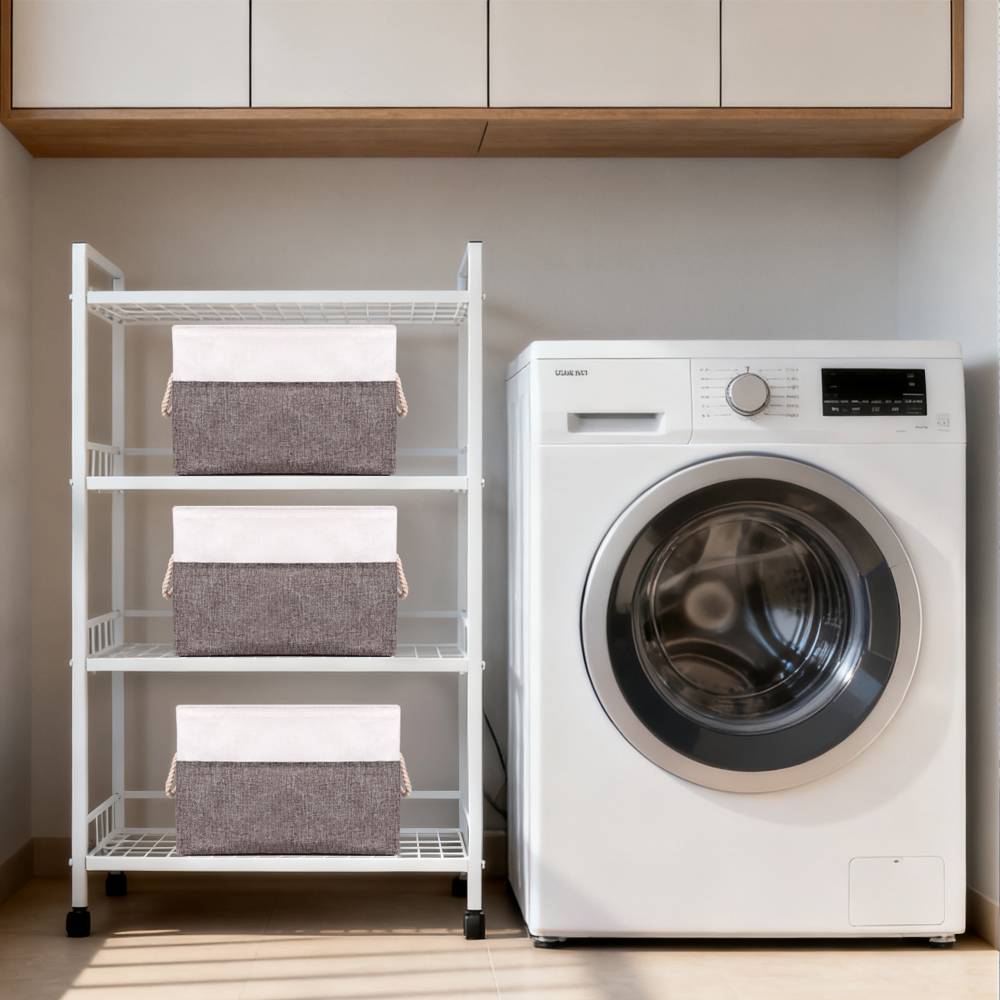 Woodluv Set of 3 Linen Storage Foldable Collapsible Baskets, Grey