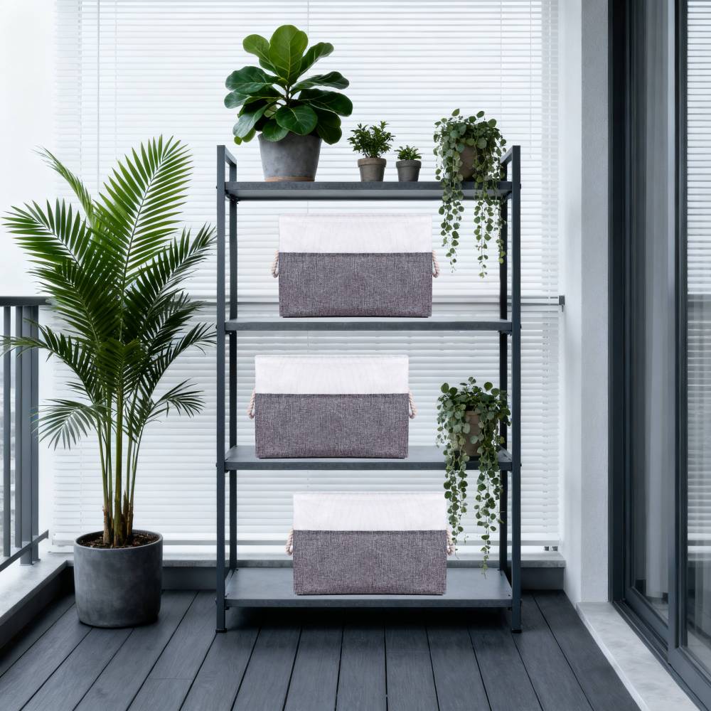 Woodluv Set of 3 Linen Storage Foldable Collapsible Baskets, Grey