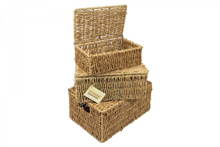 Woodluv Set of 3  Natural Seagrass Storage Basket With Lid