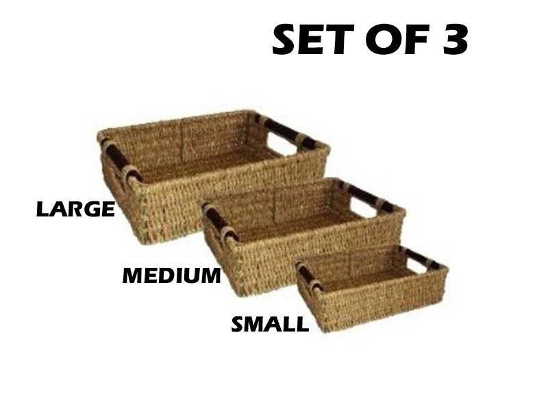 Woodluv Set of 3 Natural Seagrass Storage Baskets With Wooden Handles