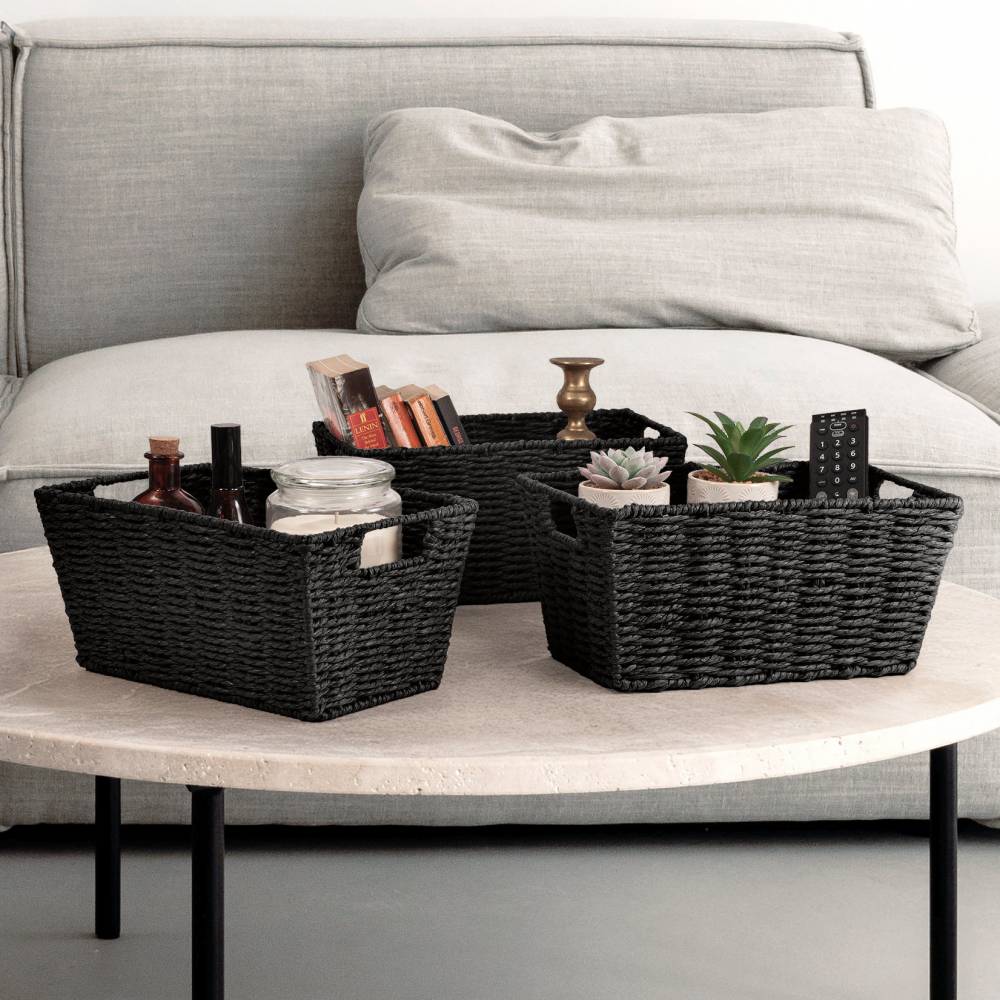 Woodluv Set of 3 Paper Rope Storage Basket , Black