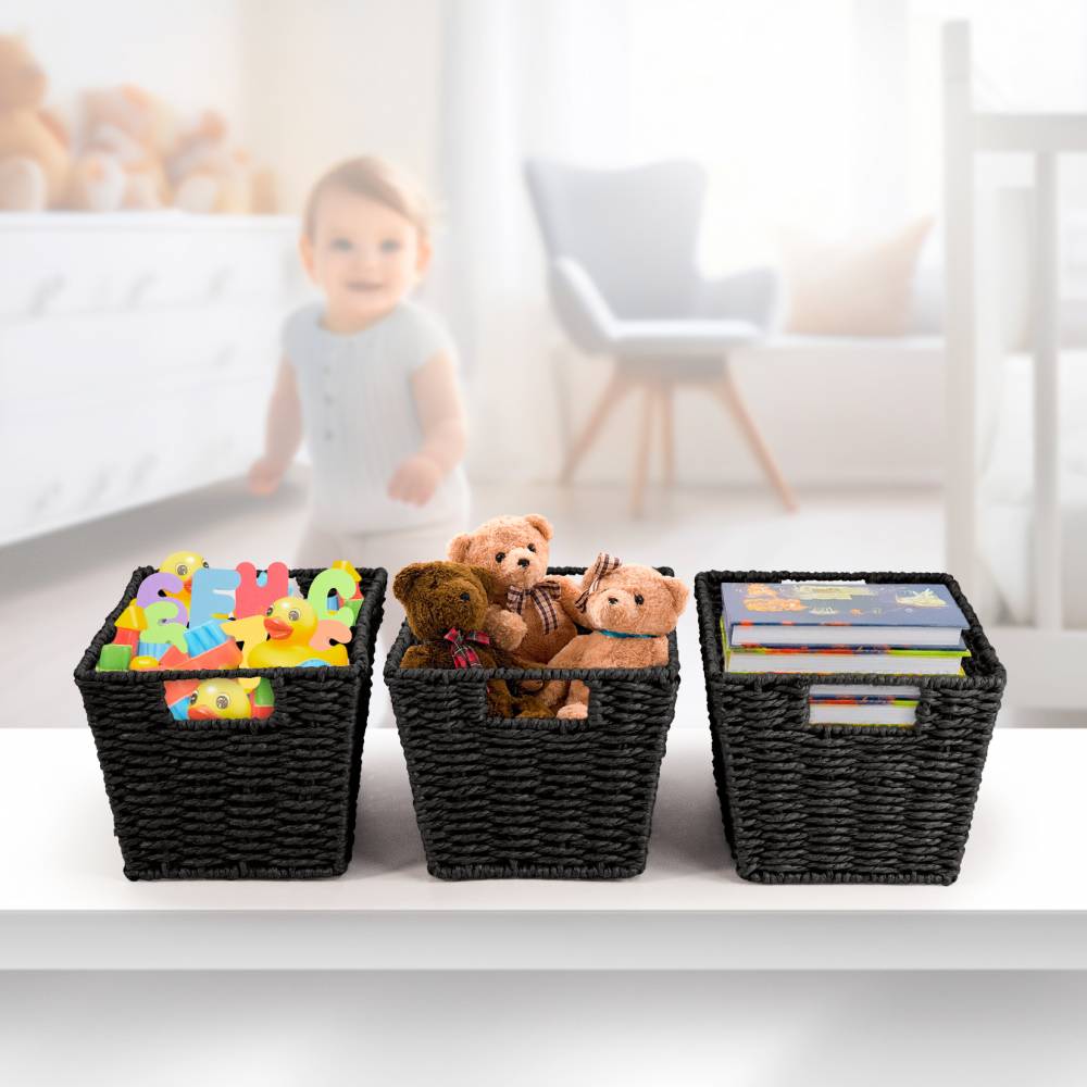 Woodluv Set of 3 Paper Rope Storage Basket , Black