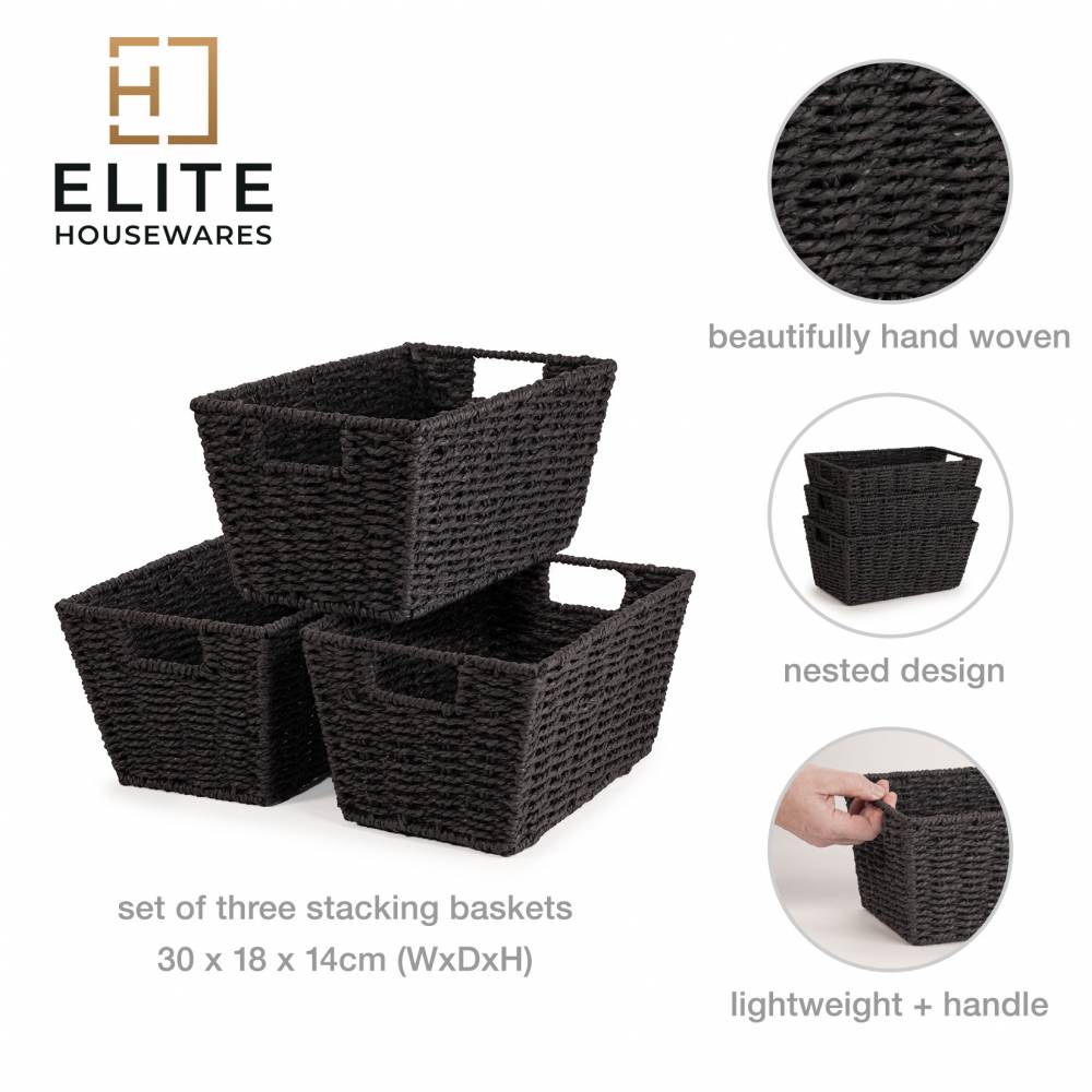 Woodluv Set of 3 Paper Rope Storage Basket , Black