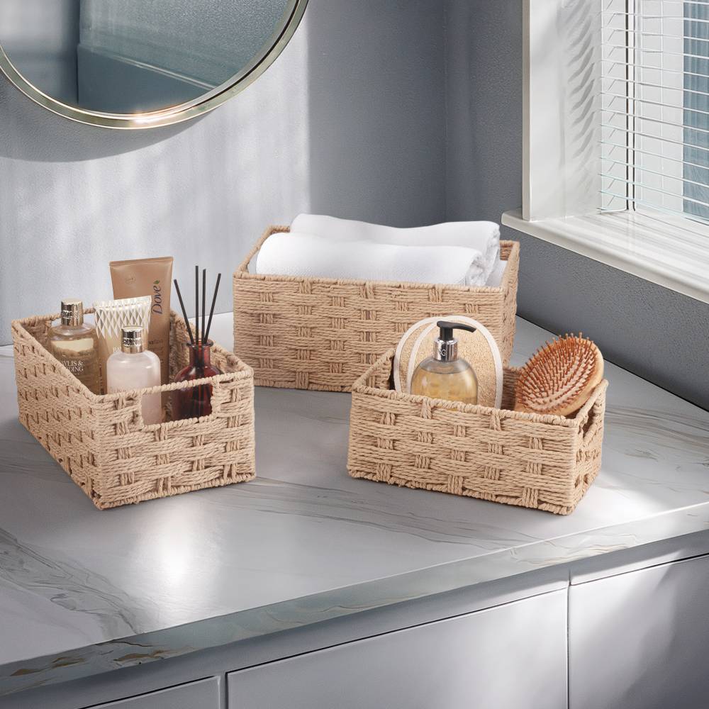 Woodluv Set of 3 Paper rope Storage Gift Hamper Baskets, Beige