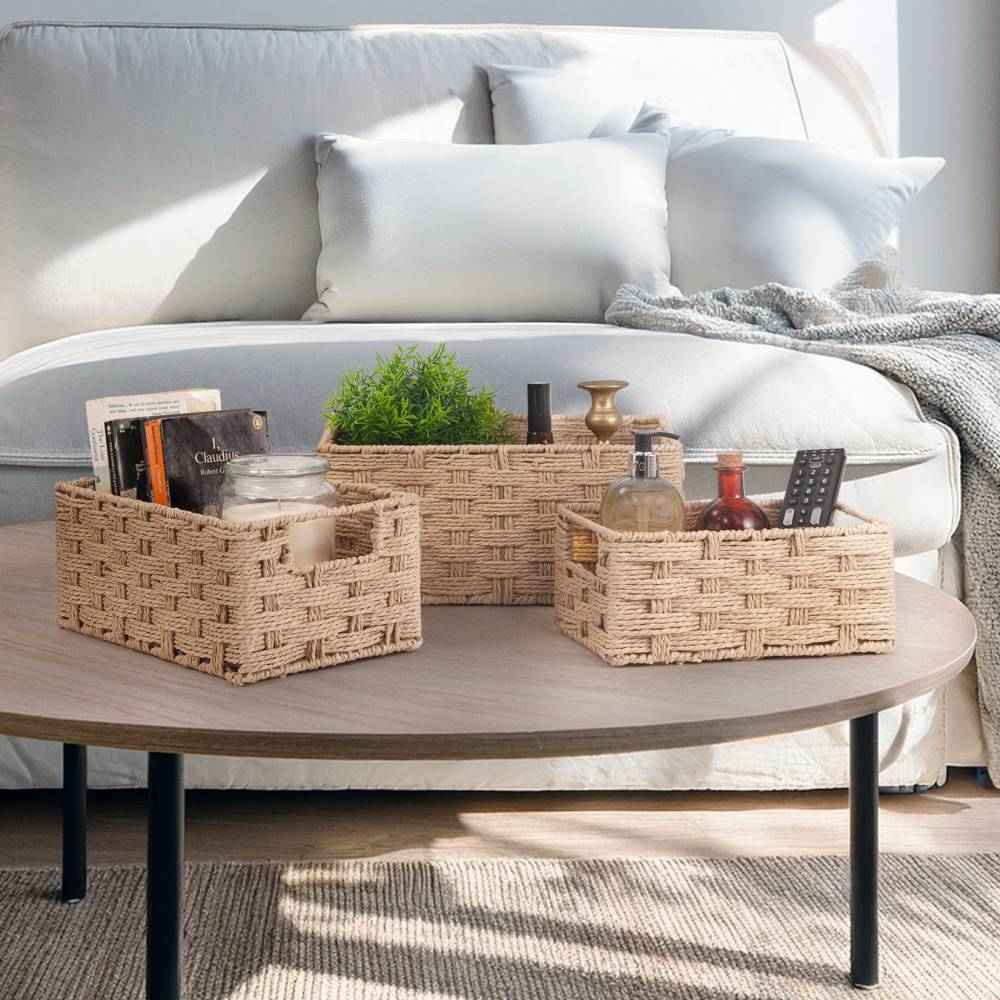 Woodluv Set of 3 Paper rope Storage Gift Hamper Baskets, Beige