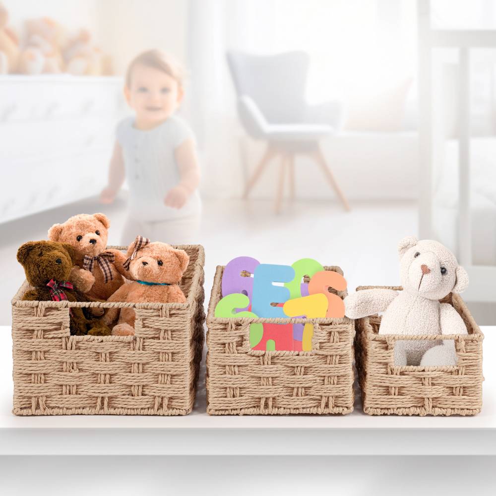 Woodluv Set of 3 Paper rope Storage Gift Hamper Baskets, Beige