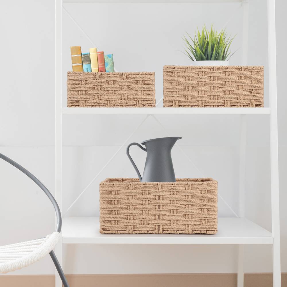 Woodluv Set of 3 Paper rope Storage Gift Hamper Baskets, Beige