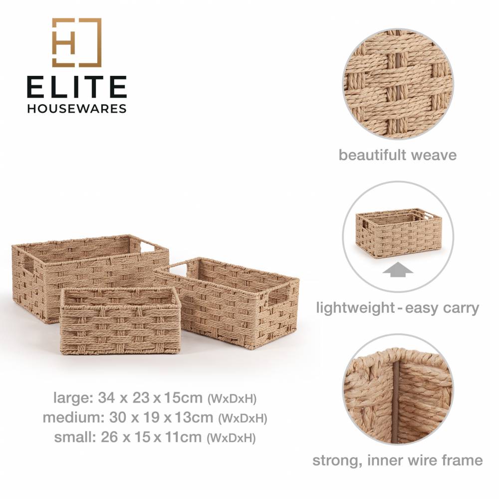 Woodluv Set of 3 Paper rope Storage Gift Hamper Baskets, Beige