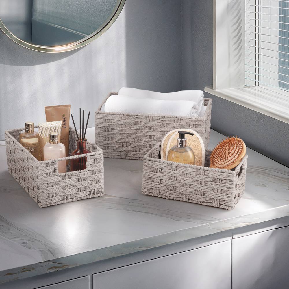 Woodluv Set of 3 Paper rope Storage Gift Hamper Baskets, Grey
