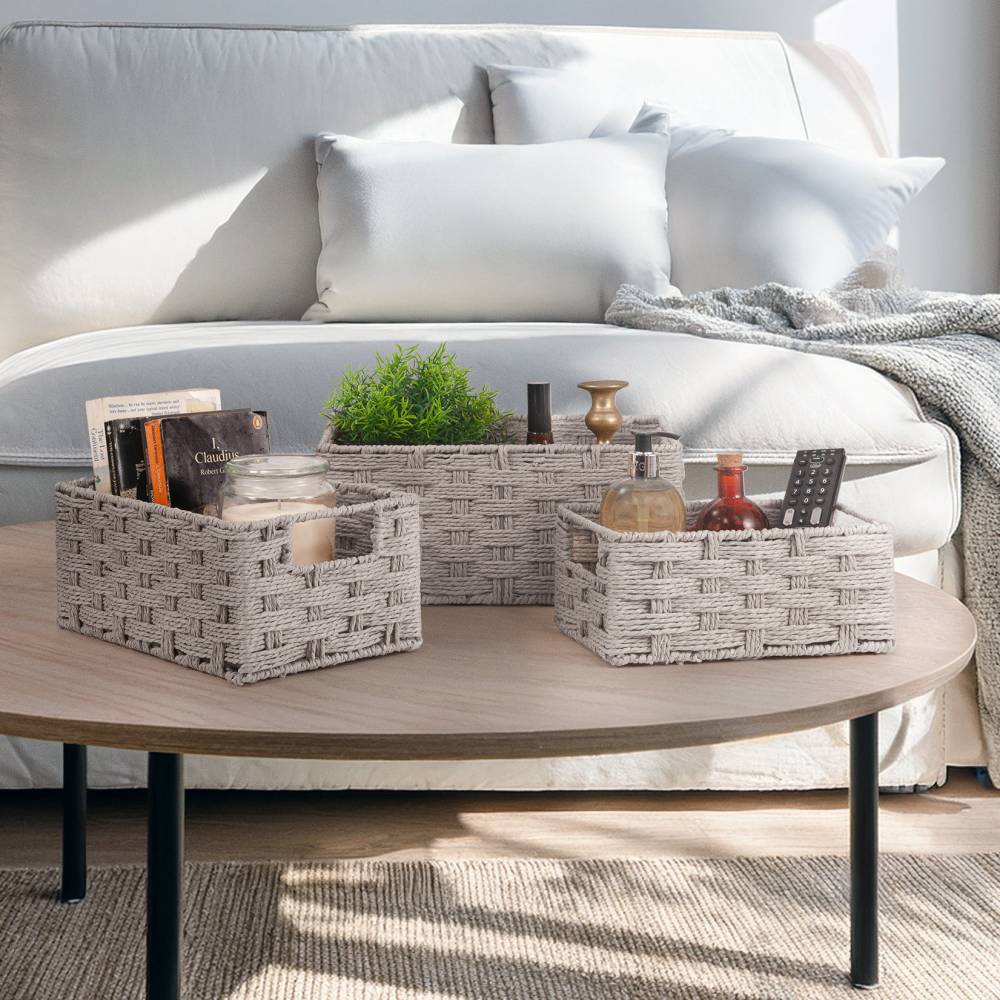 Woodluv Set of 3 Paper rope Storage Gift Hamper Baskets, Grey