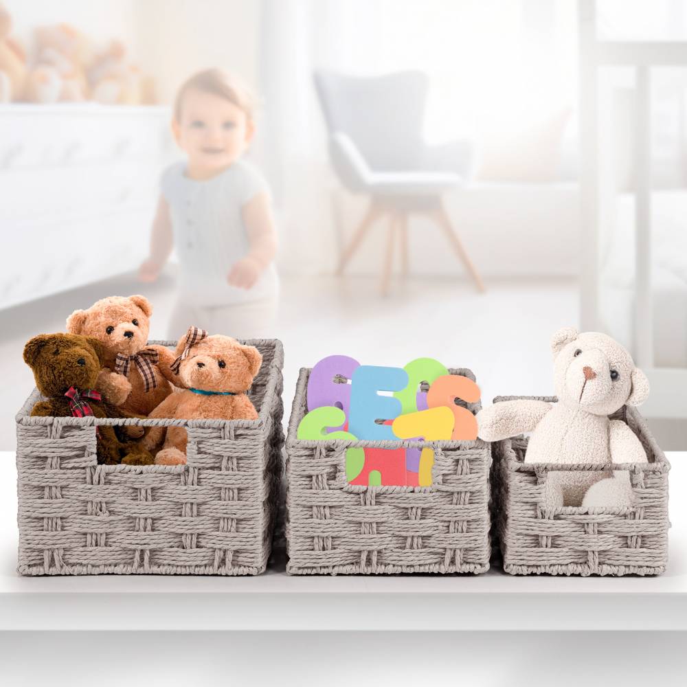Woodluv Set of 3 Paper rope Storage Gift Hamper Baskets, Grey