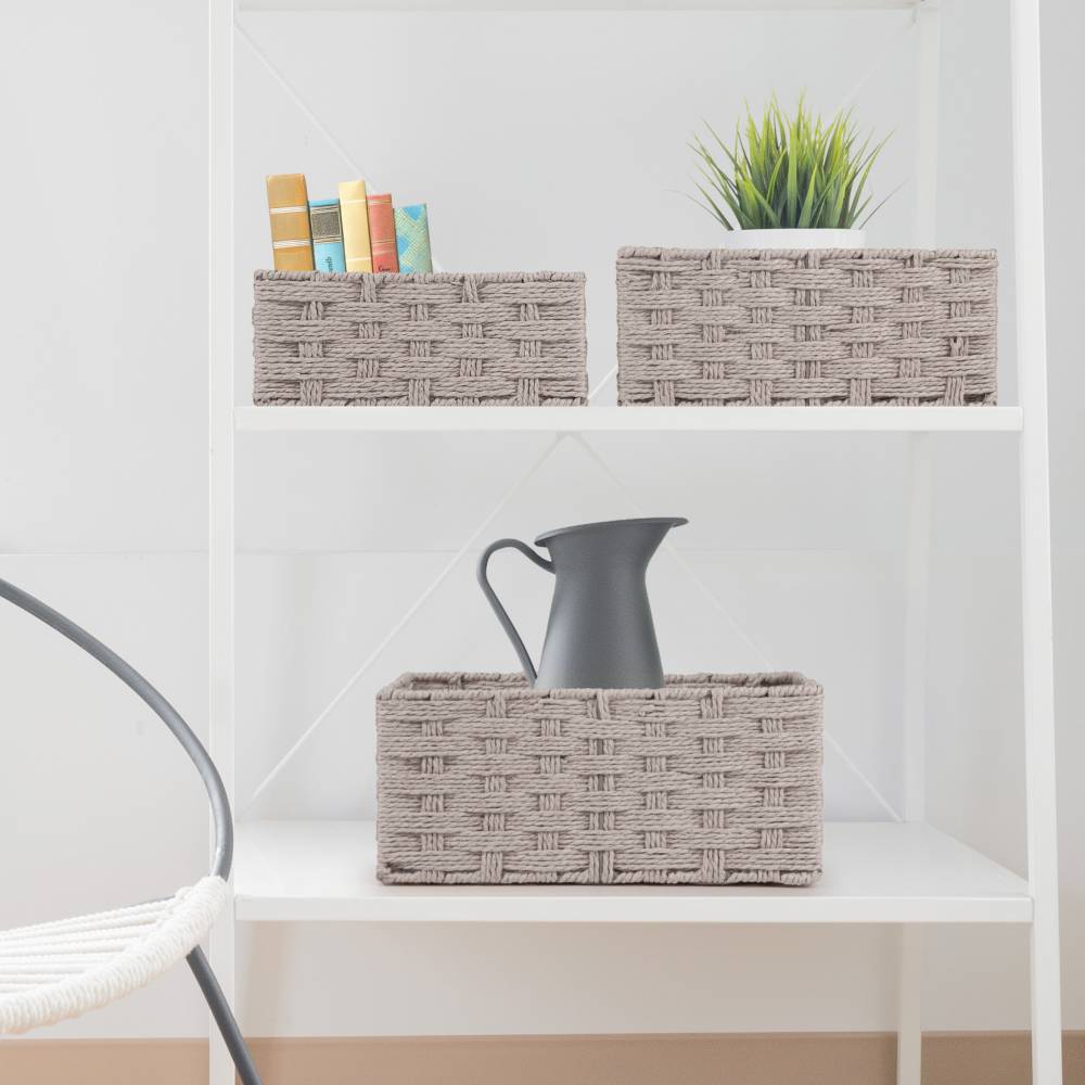 Woodluv Set of 3 Paper rope Storage Gift Hamper Baskets, Grey