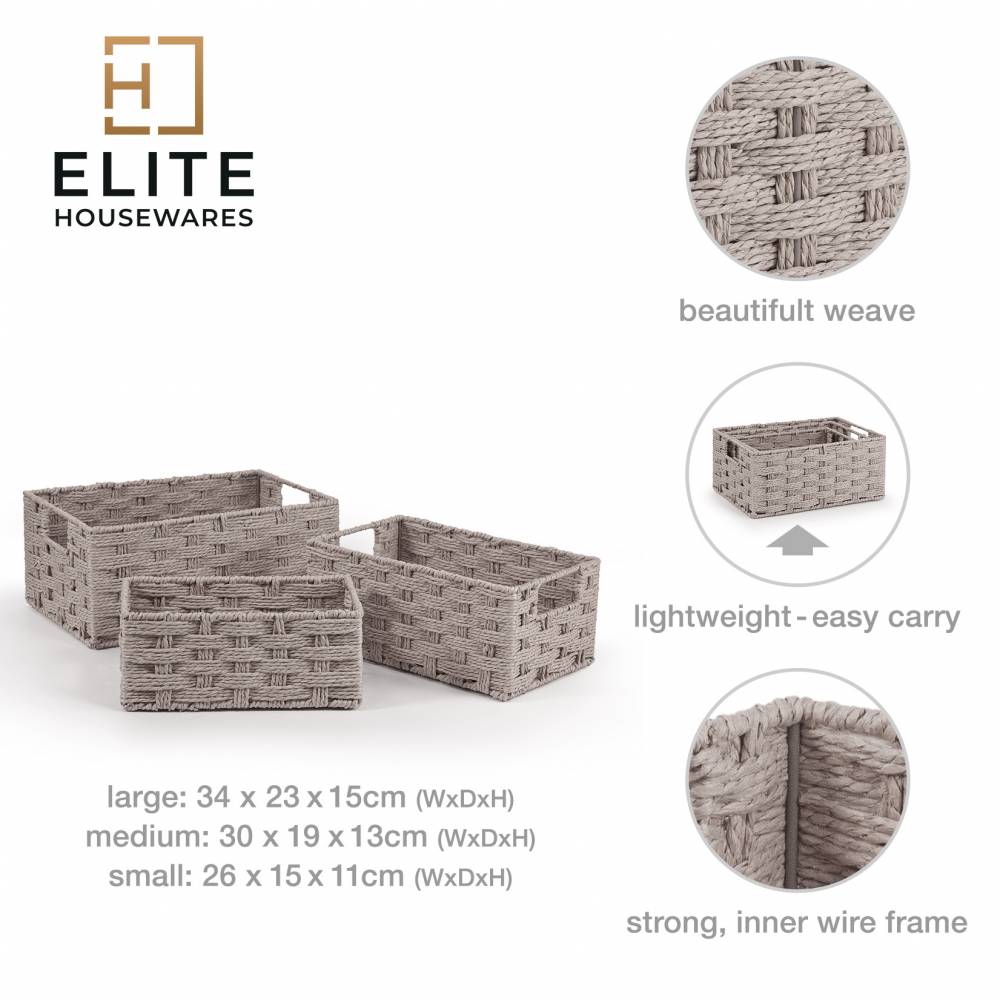 Woodluv Set of 3 Paper rope Storage Gift Hamper Baskets, Grey