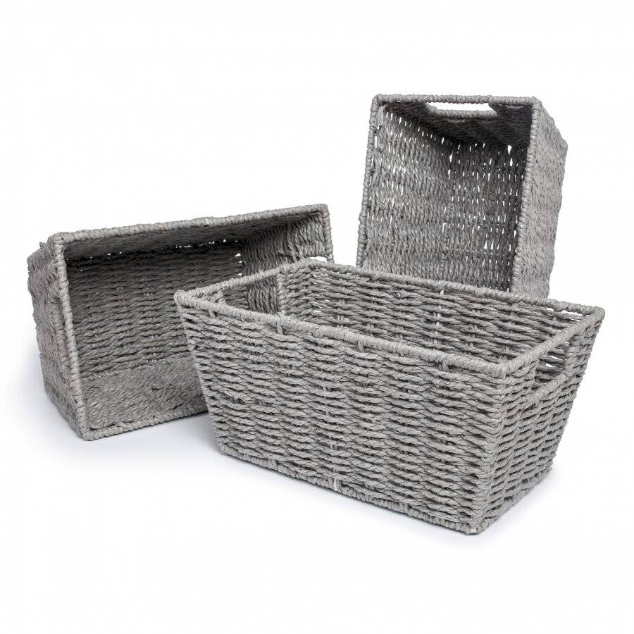 Woodluv Set of 3 Paper Rope Storage Gift Hamper Shelf Basket - Grey