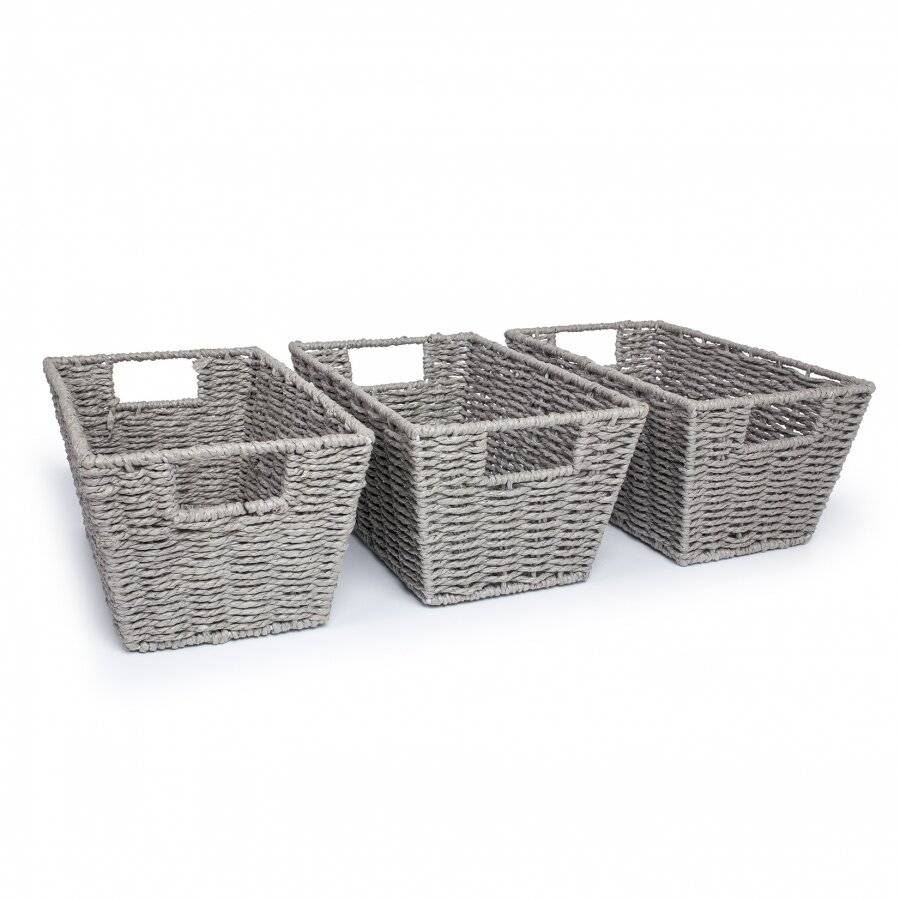 Woodluv Set of 3 Paper Rope Storage Gift Hamper Shelf Basket - Grey