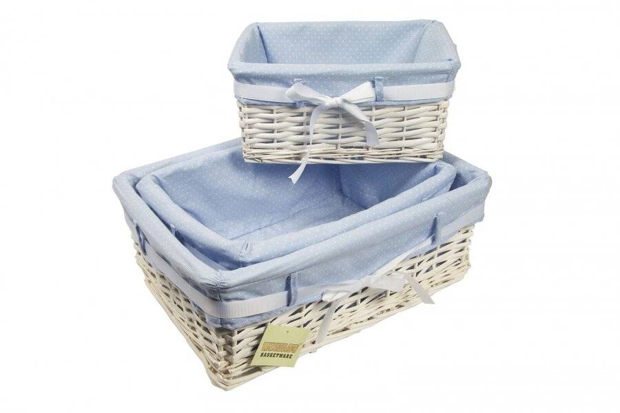 Woodluv Set of 3 White Willow Basket With Blue Dot Lining & Ribbon
