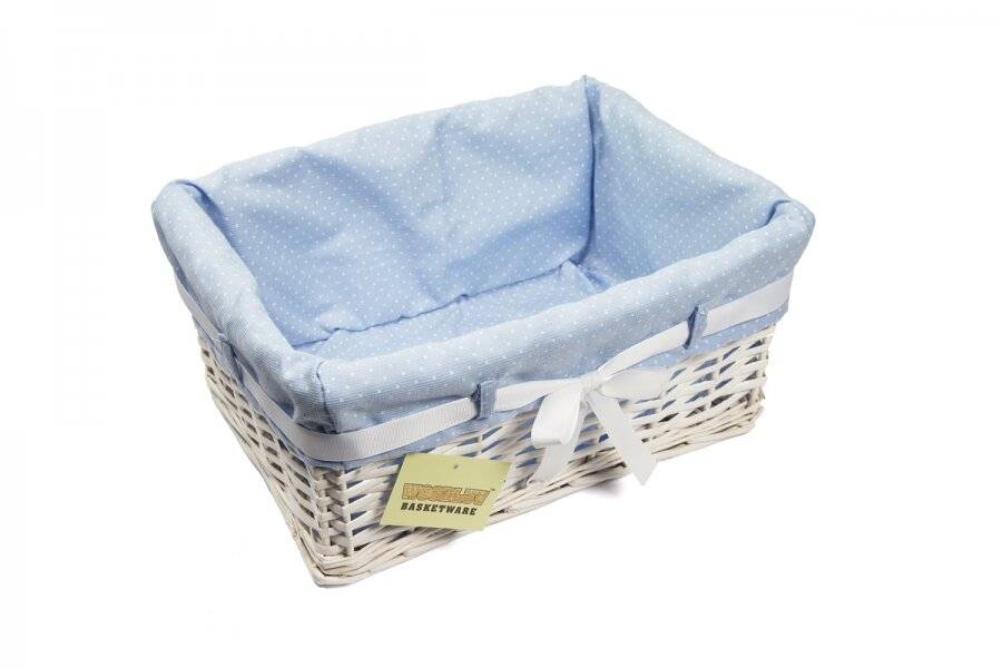 Woodluv Set of 3 White Willow Basket With Blue Dot Lining & Ribbon