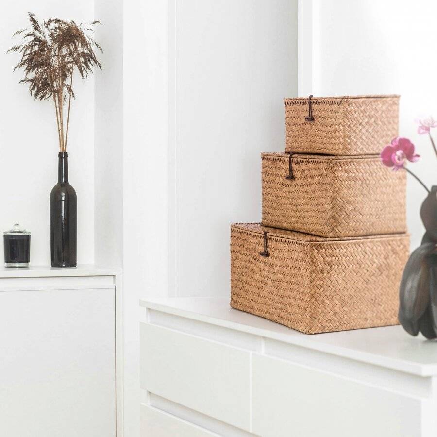 Woodluv Set of 3 Seagrass Shelf Storage Baskets With Lid, Brown
