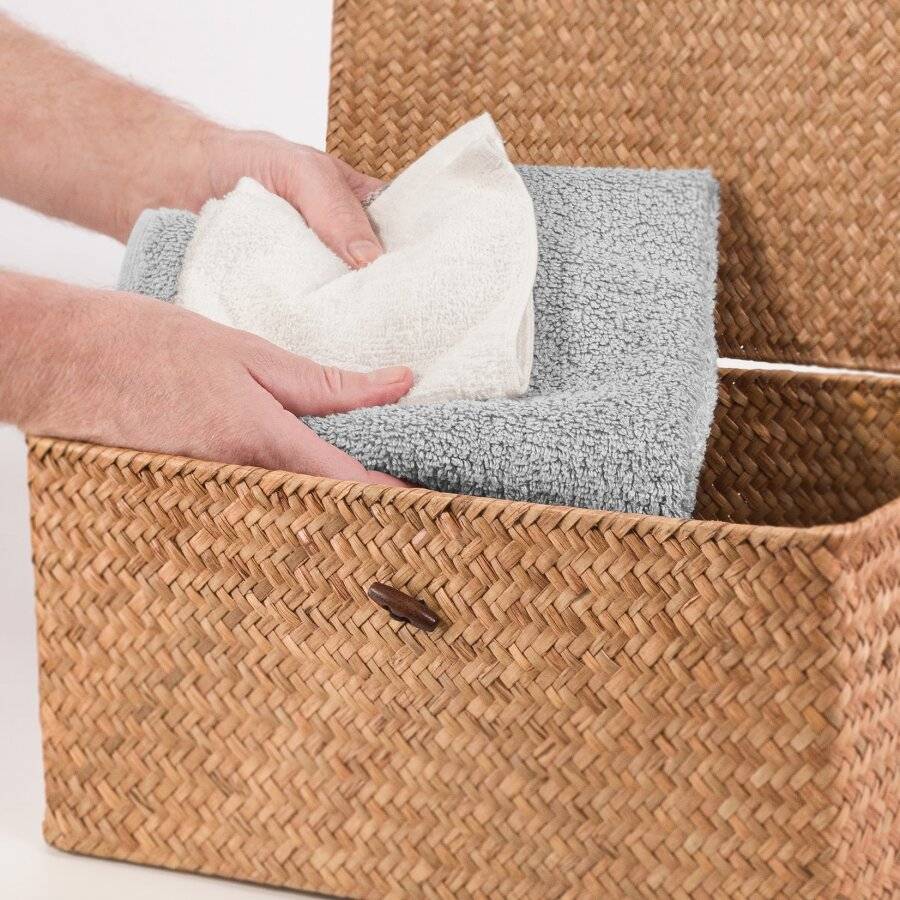 Woodluv Set of 3 Seagrass Shelf Storage Baskets With Lid, Brown